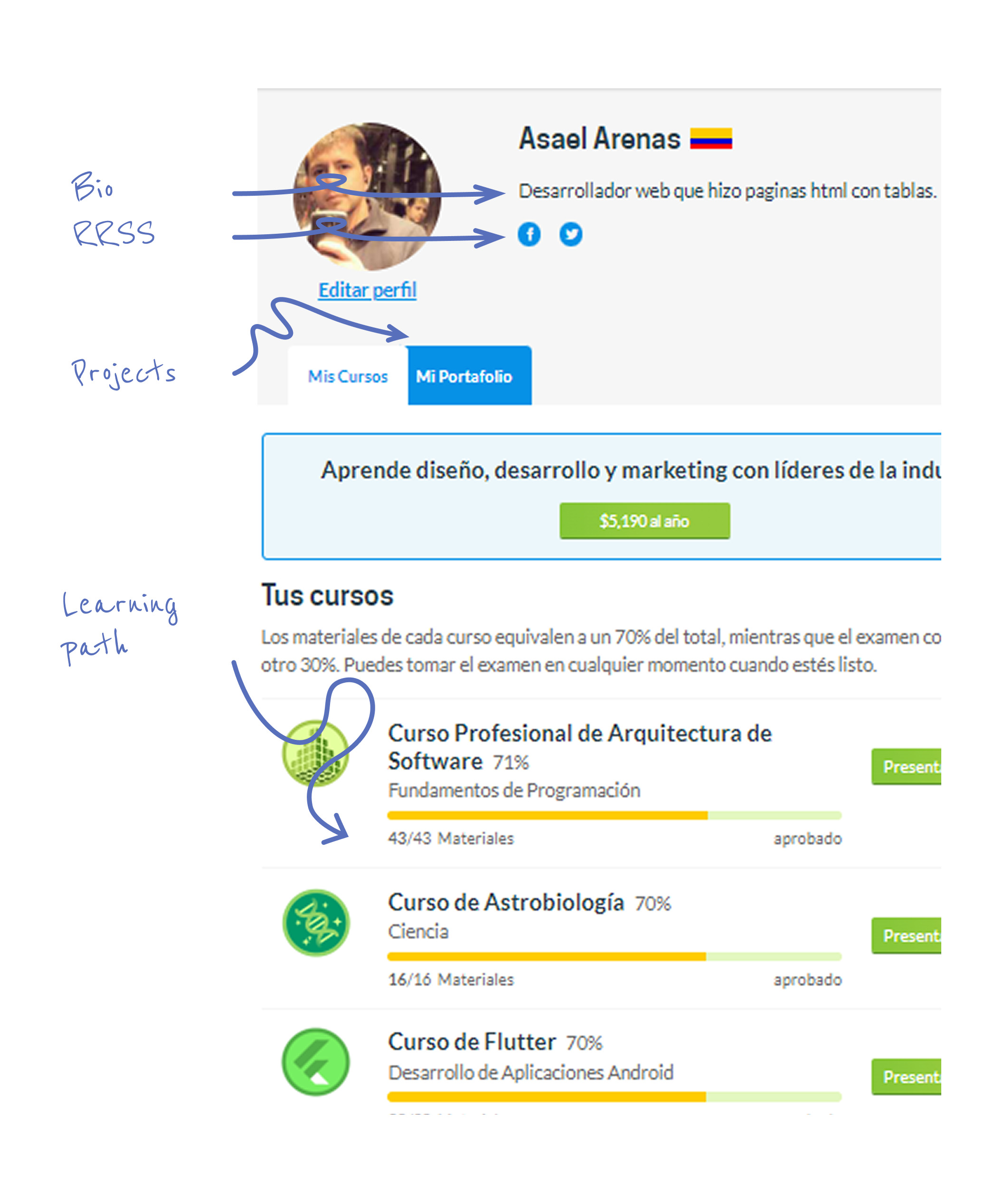 Annotated profile: bio, social links, projects, learning path